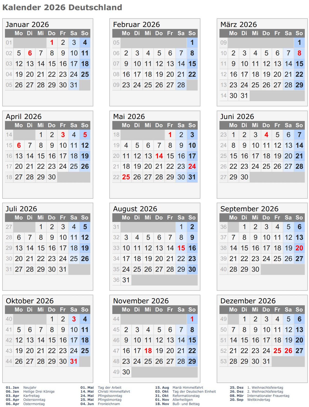 Kalender Deutschland 2026